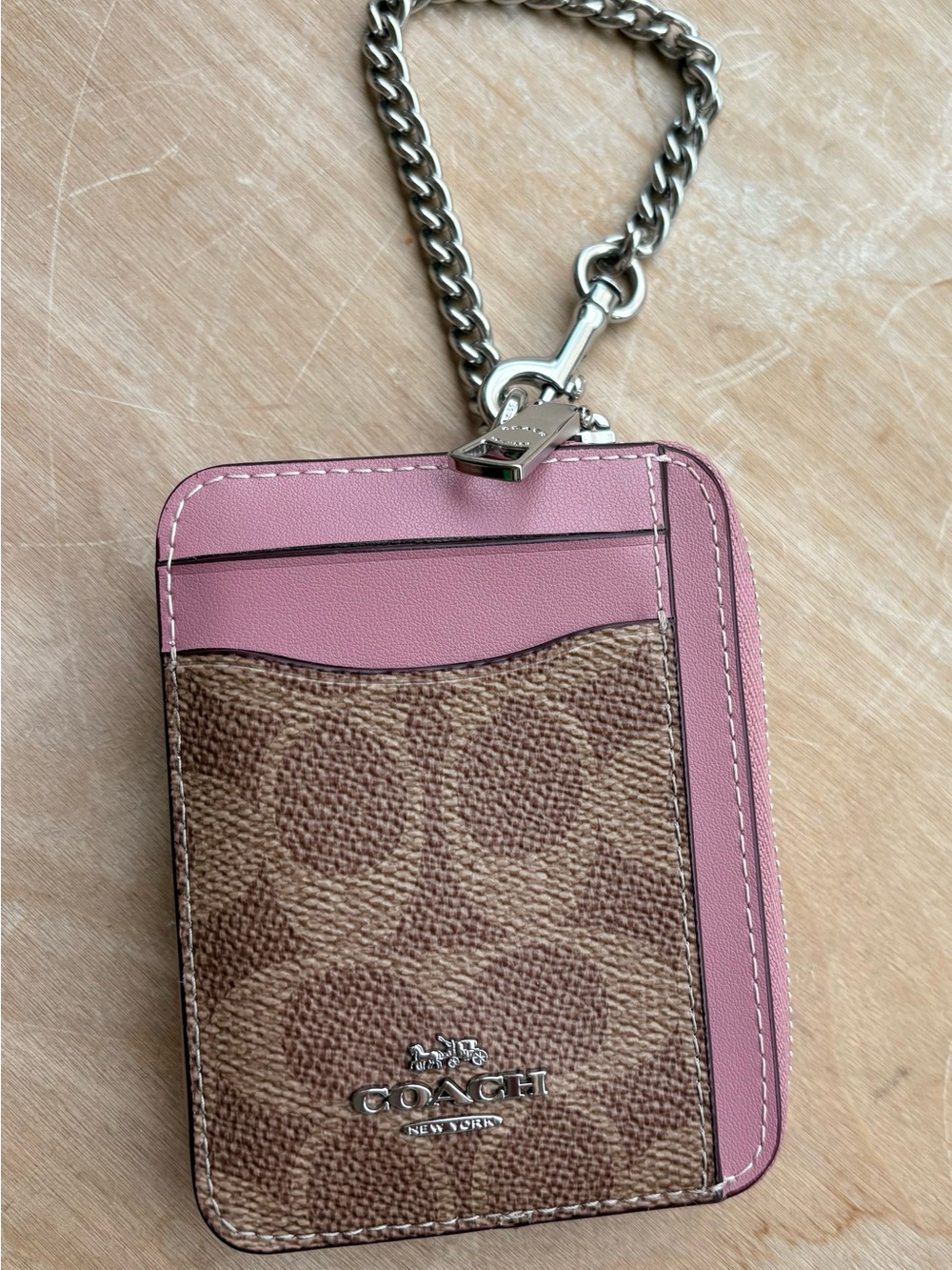 Coach Brown Signature Card Case with Pink Trim and Silver Chain - Picture 2 of 10